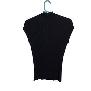 Vintage Black Ribbed Knit Sleeveless Mock Turtleneck Top With Back Zipper Closur